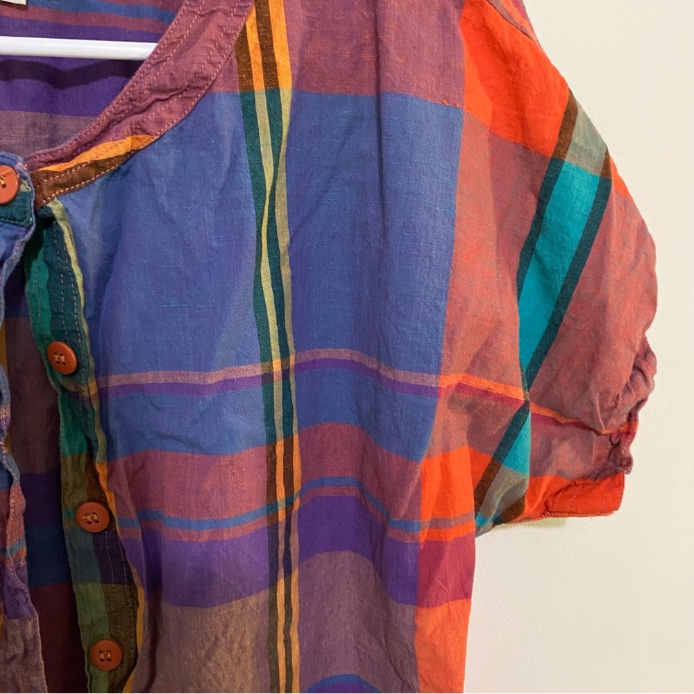VTG-08 80’s 90’s true vintage Colorful Plaid Button-Up Blouse dopamine size 8 - Picture 5 of 7